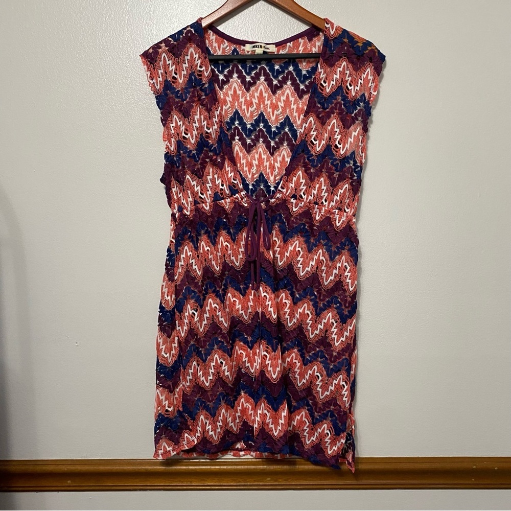 Miken Swim Cover Up Dress Women’s Size M Chevron Crochet Open Knit Drawstring - Picture 3 of 11
